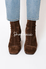 British style suede high-heeled low-top square toe boots
