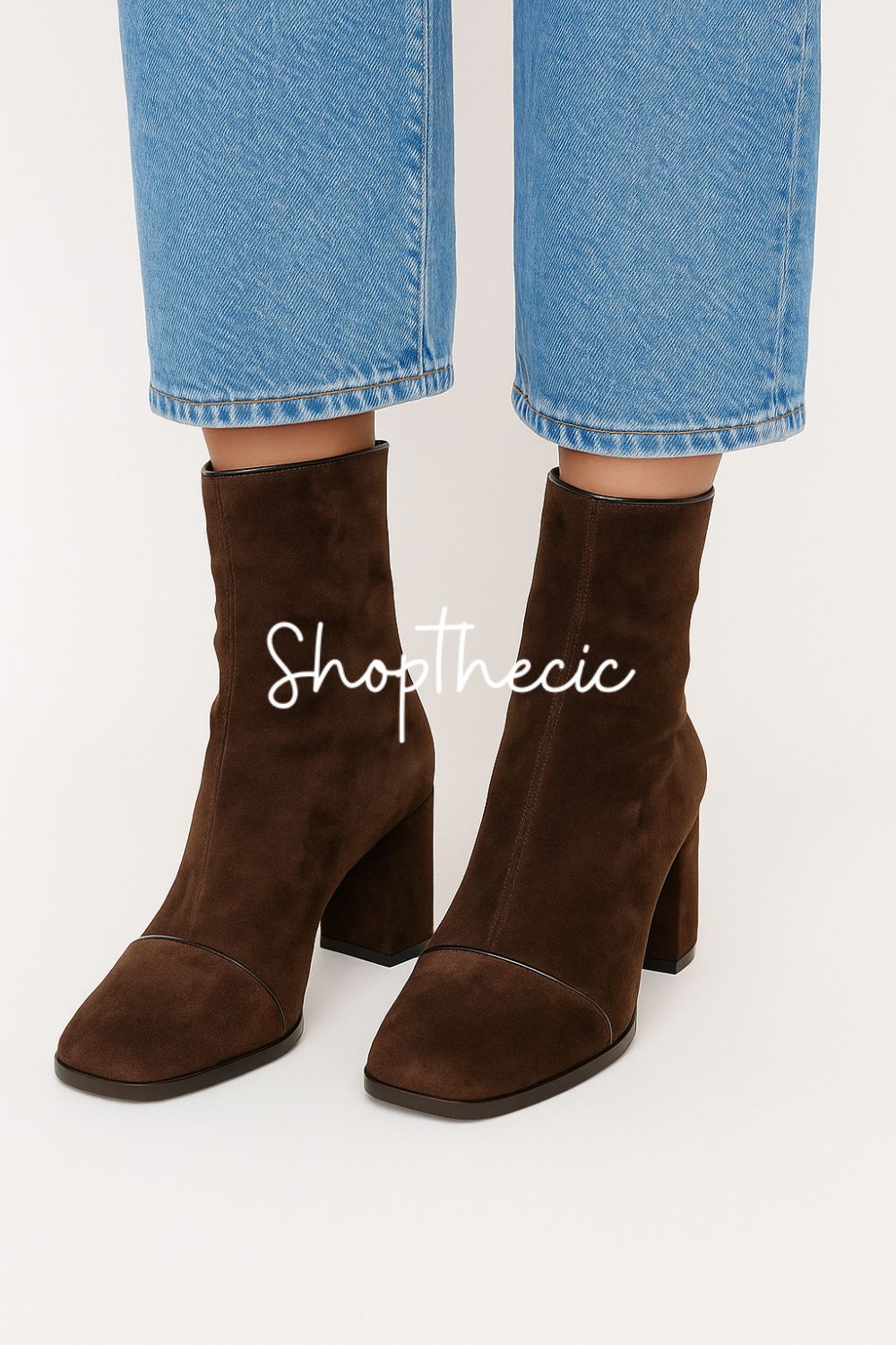 British style suede high-heeled low-top square toe boots