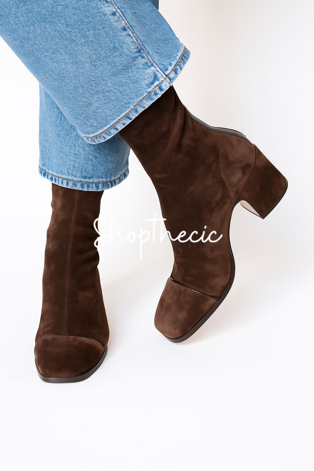 British style suede high-heeled low-top square toe boots