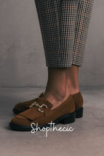 Brown suede metal buckle tassel slip-on loafers