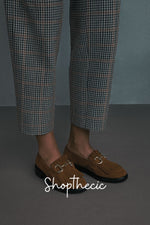 Brown suede metal buckle tassel slip-on loafers