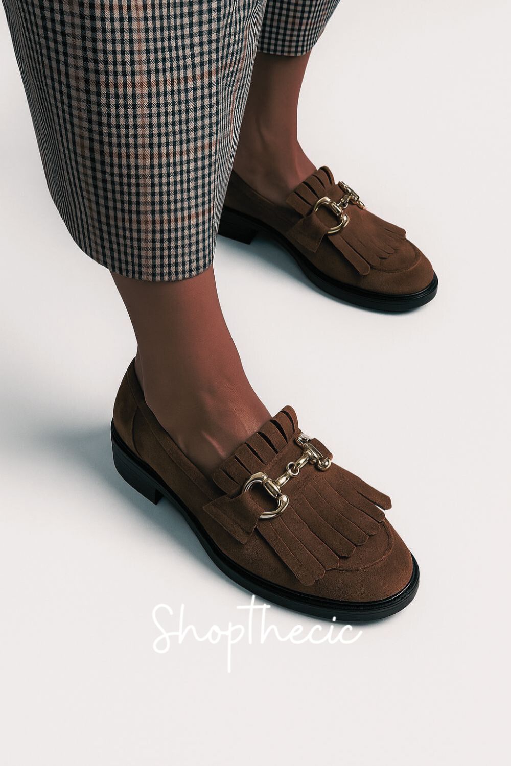 Brown suede metal buckle tassel slip-on loafers