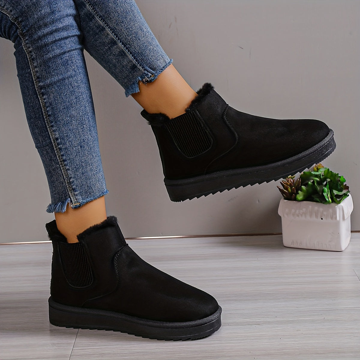 Plus Fleece Snow Slip On Flat Ankle Boots
