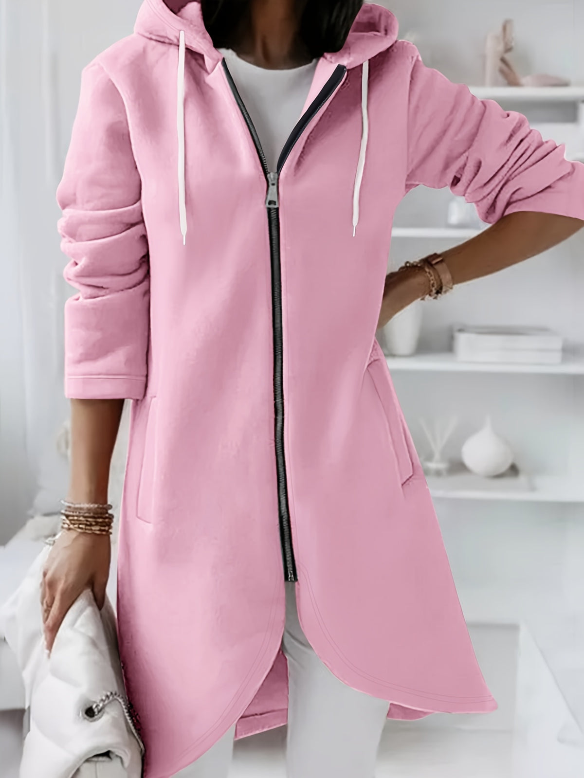 Solide Midi-Kapuzenjacke mit Kordelzug und Reißverschluss