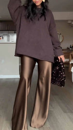Solid color loose pullover sweater and satin trousers two-piece set