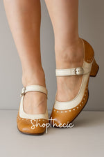 Color-blocked round-toe chunky heeled Mary Janes