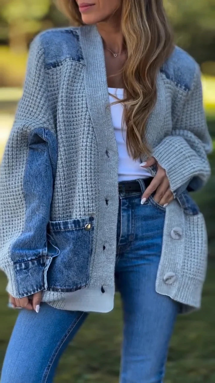 Denim patchwork knitted loose cardigan jacket