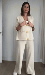 Chic gold large button knitted sweater and wide-leg pants two-piece suit