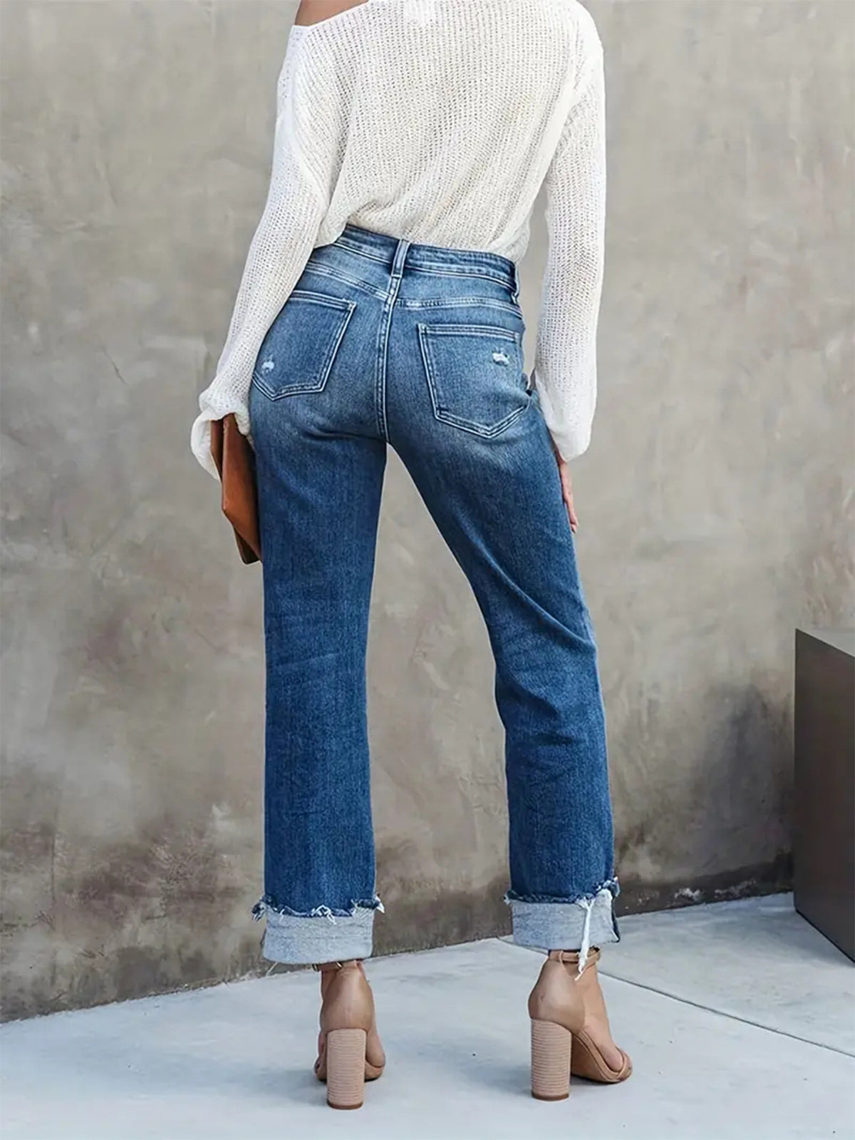 Elegant High Waisted Slim Fit Turn-Cuff Jeans