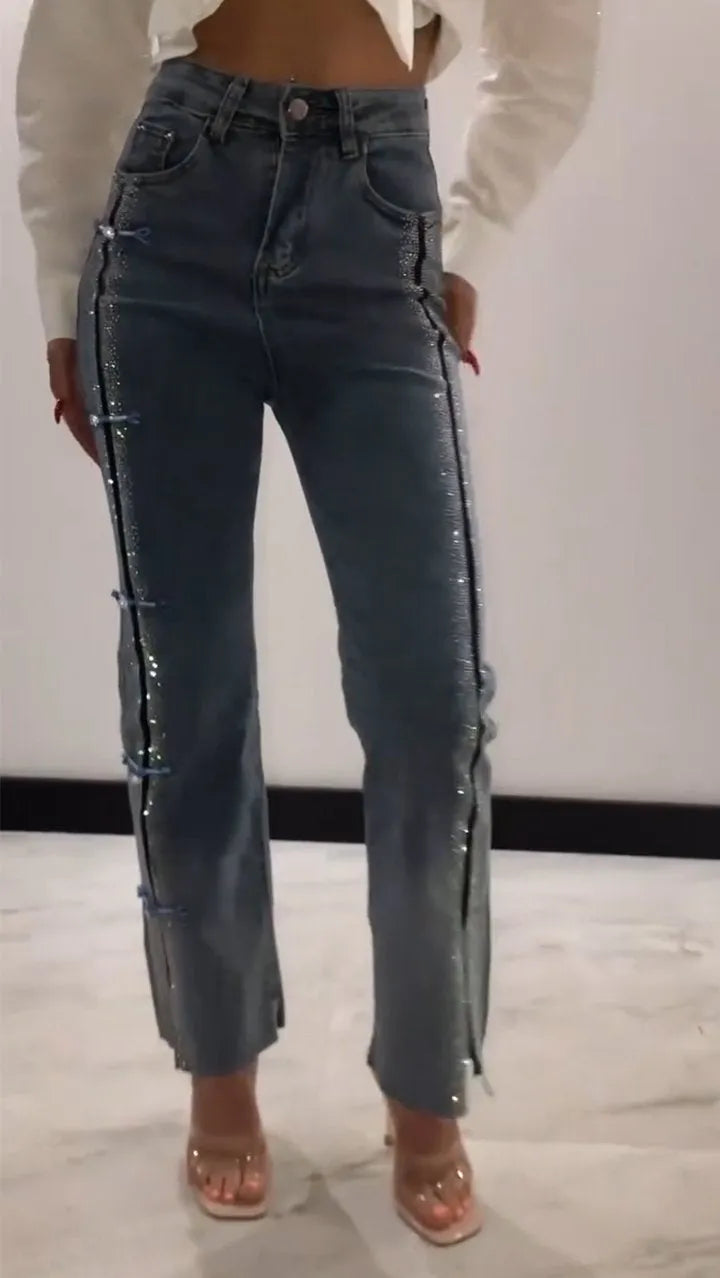 Diamond Patchwork Design Slit Slim Jeans