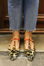 Leopard Suede Pointed toe Low heel T-strap Shoes