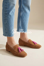 Brown suede pink tassel accents slip-on loafers