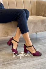 Color-blocked suede T-strap chunky heeled sandals