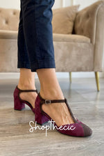 Color-blocked suede T-strap chunky heeled sandals