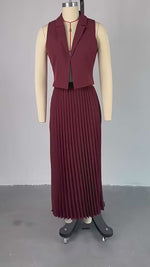 Suit collar sleeveless vest top mid-length pleated skirt suit