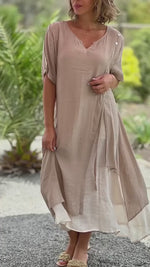 V-neck Short Sleeve Asymmetrical Two-piece Look Dress