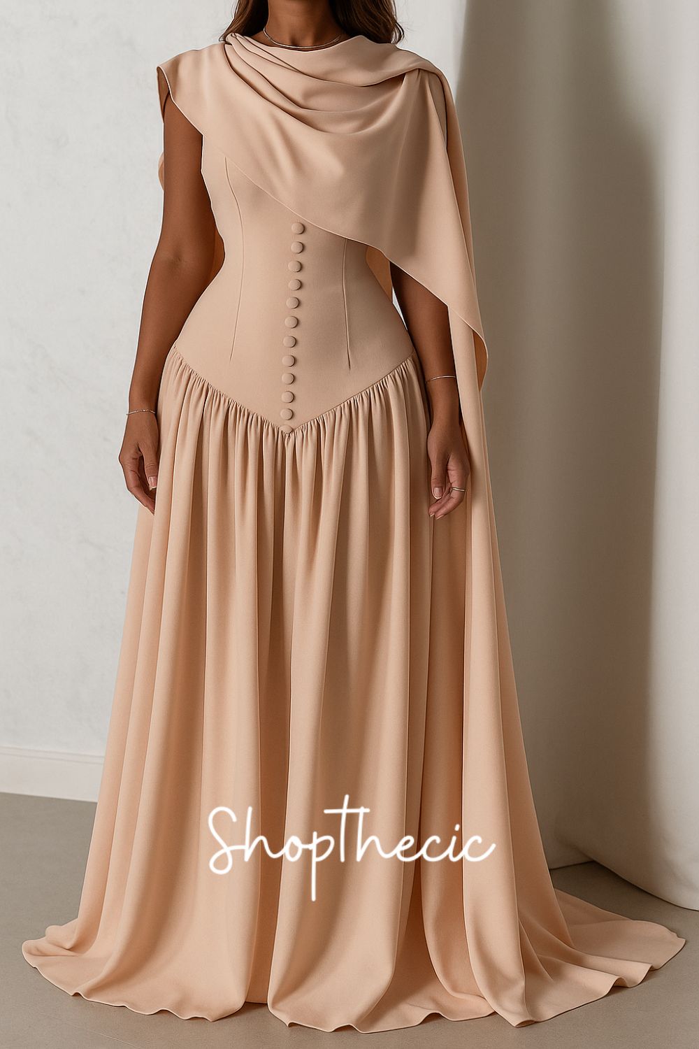 Round Neck Buckle Patchwork Shawl Elegant Temperament Dress