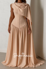 Round Neck Buckle Patchwork Shawl Elegant Temperament Dress