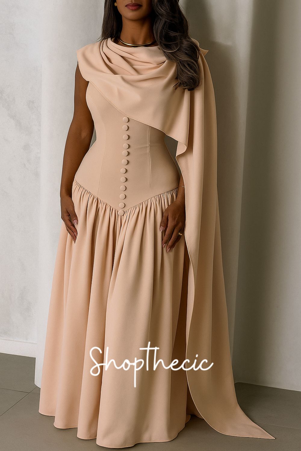 Round Neck Buckle Patchwork Shawl Elegant Temperament Dress