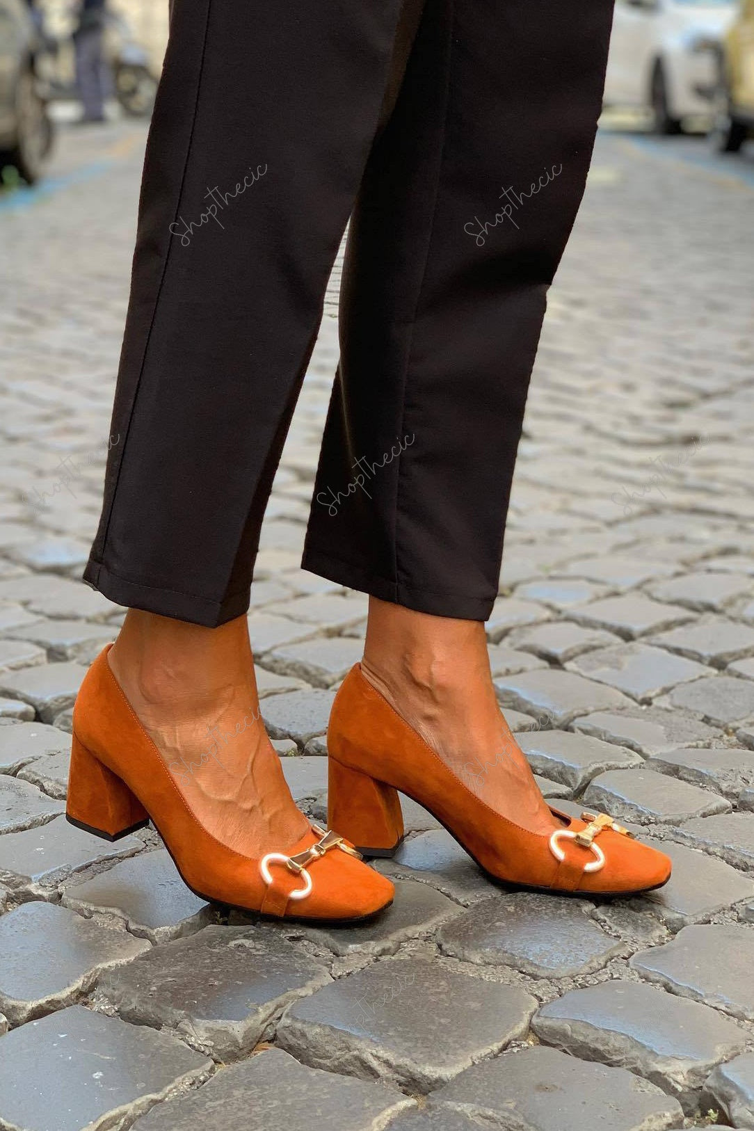 Square-toe suede metal buckle chunky mid-heel shoes