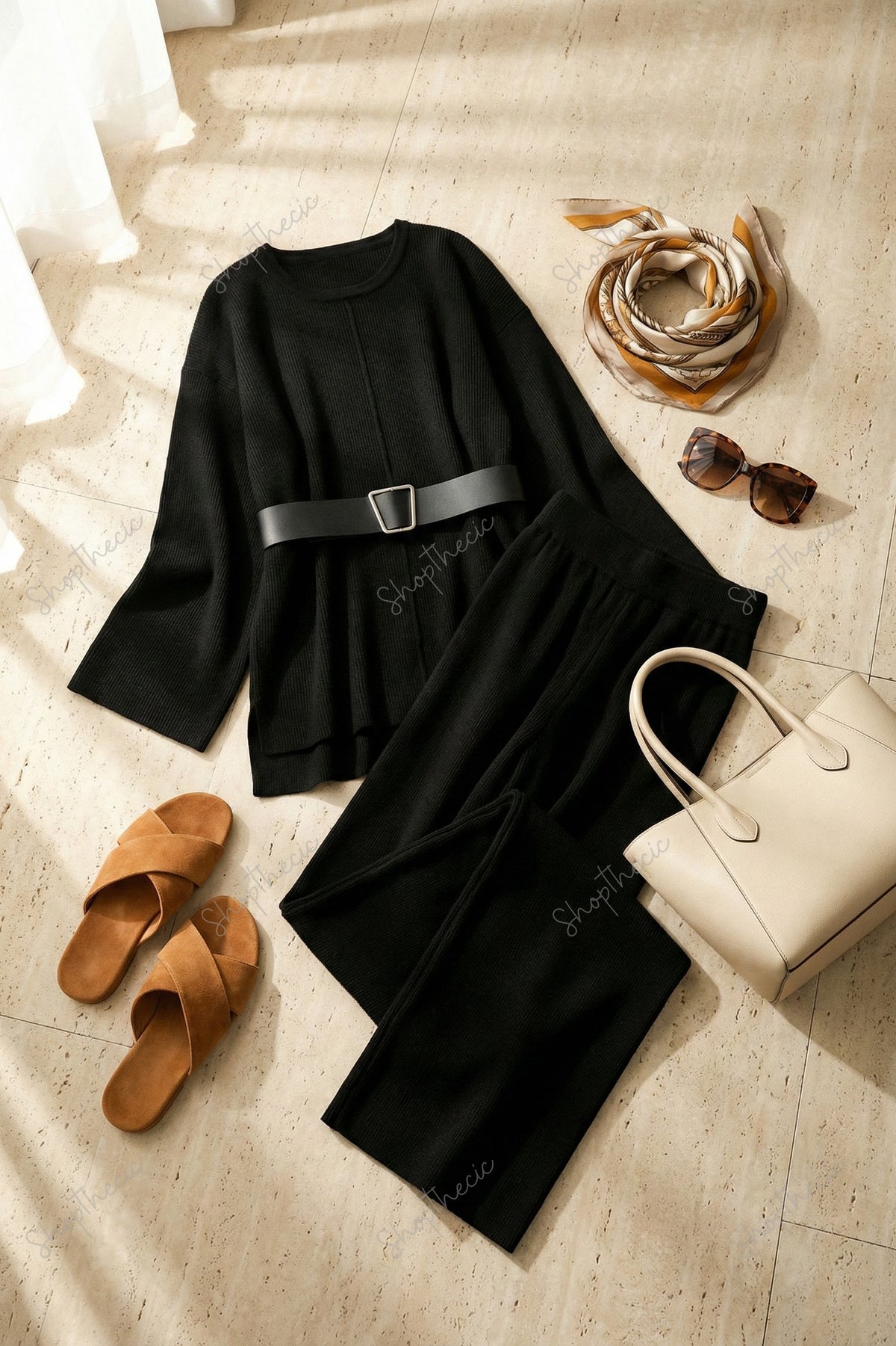 Completo composto da top largo in maglia con cintura e pantaloni larghi elastici a vita alta