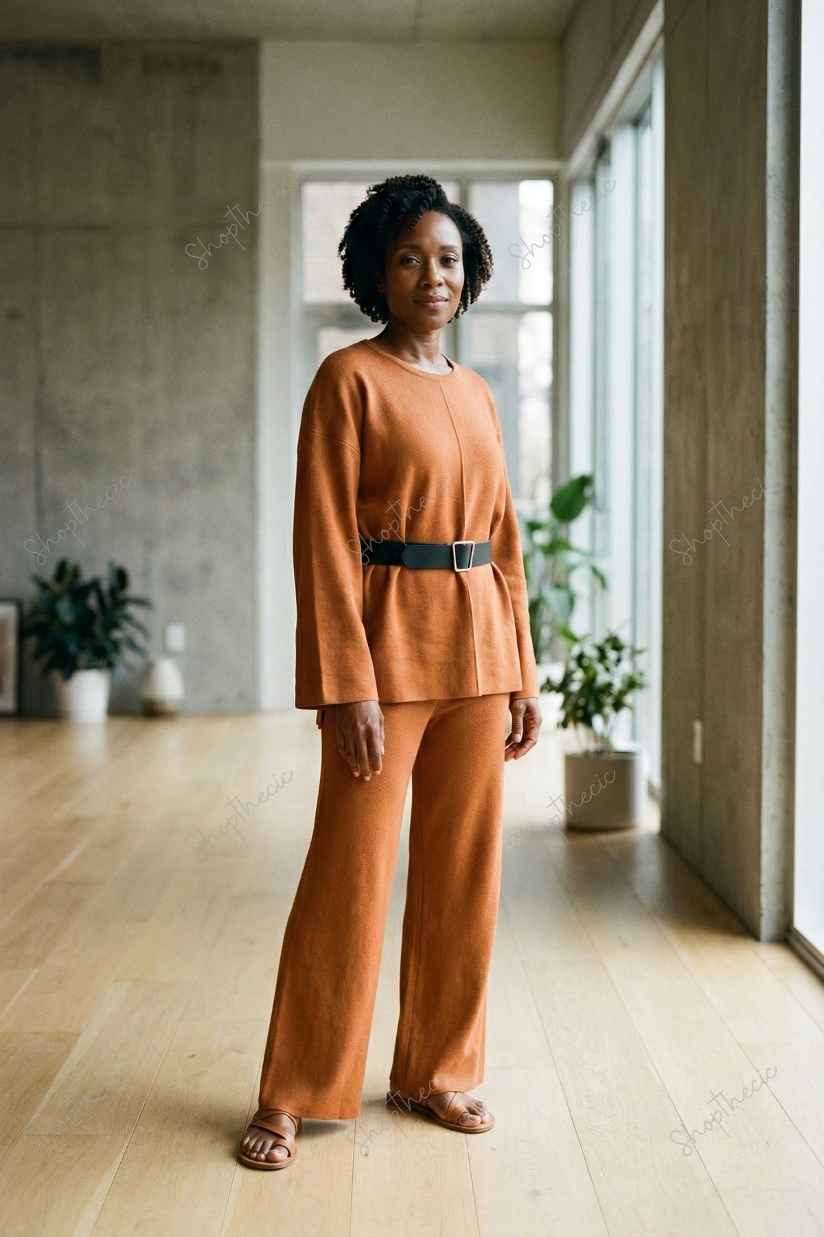 Completo composto da top largo in maglia con cintura e pantaloni larghi elastici a vita alta