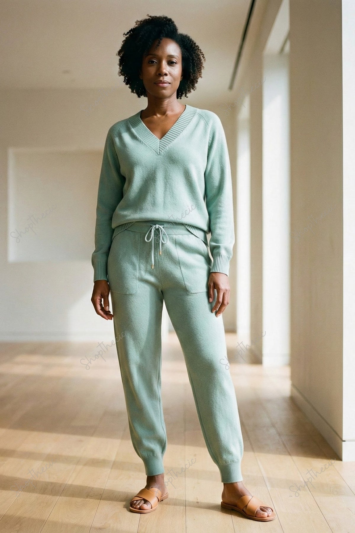 Completo composto da top in maglia a maniche lunghe con scollo a V e pantaloni harem