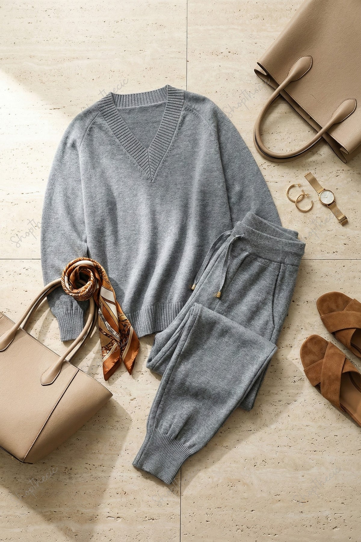 Completo composto da top in maglia a maniche lunghe con scollo a V e pantaloni harem