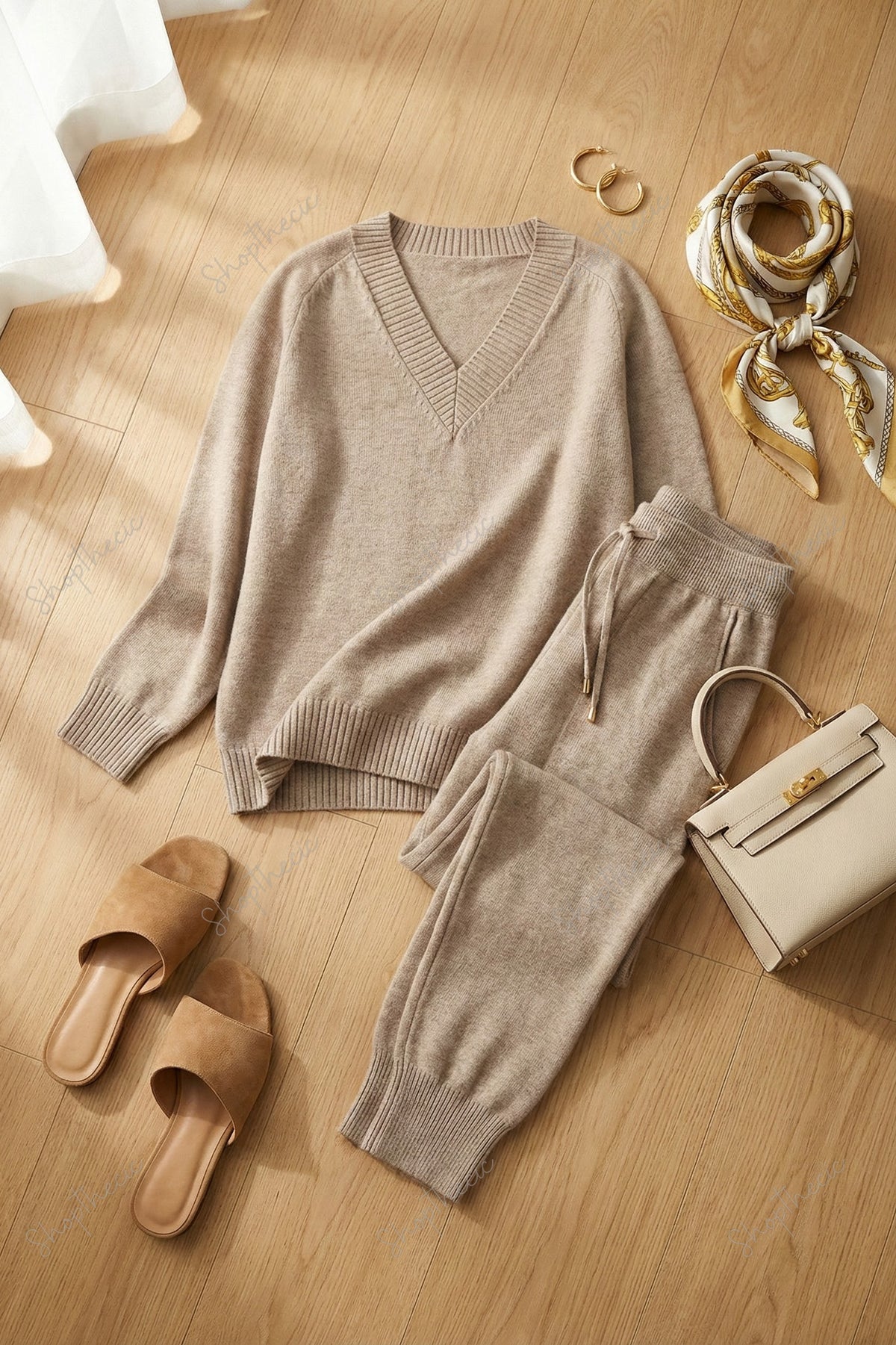 Completo composto da top in maglia a maniche lunghe con scollo a V e pantaloni harem