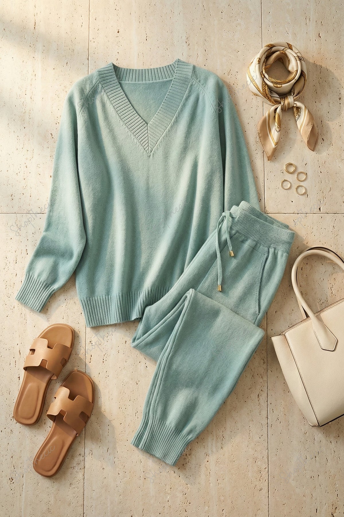 Completo composto da top in maglia a maniche lunghe con scollo a V e pantaloni harem