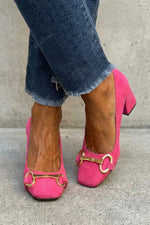 Square-toe suede metal buckle chunky mid-heel shoes