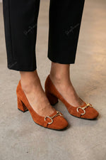 Square-toe suede metal buckle chunky mid-heel shoes