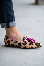 Color-blocked tassel leopard pointed toe suede flats