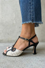 Color-blocked buckle peep-toe high-heeled sandals