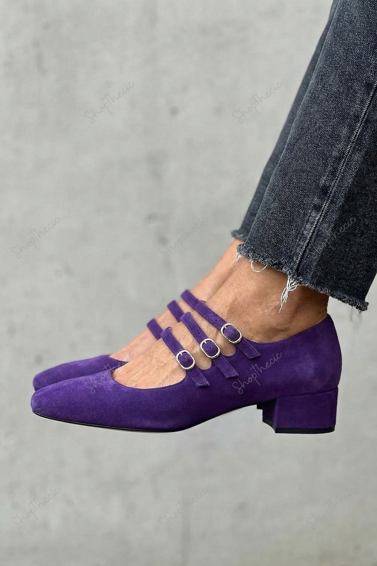 Elegant suede square-toe strappy buckle chunky heel Mary Jane shoes