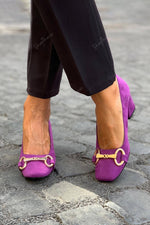 Square-toe suede metal buckle chunky mid-heel shoes