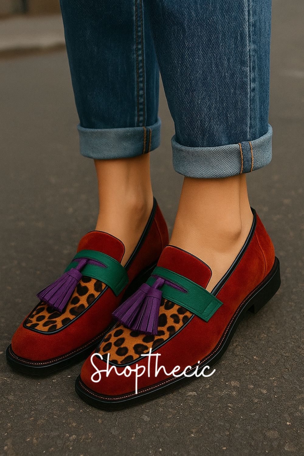 Vintage Suede Leopard Contrast Chunky Sole Slip-On Flat Loafers