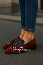 Vintage Suede Leopard Contrast Chunky Sole Slip-On Flat Loafers