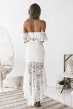 Ensemble deux pièces haut tube en dentelle et jupe crayon dos ouvert