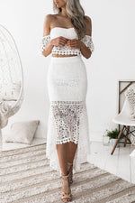 Ensemble deux pièces haut tube en dentelle et jupe crayon dos ouvert