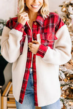 Plüsch-Patchwork-Kontrastjacke mit Karomuster