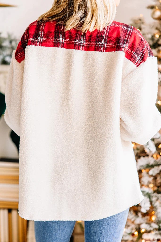 Plüsch-Patchwork-Kontrastjacke mit Karomuster