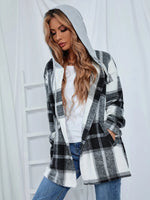 Mittellange Tweed-Karo-Kapuzenjacke