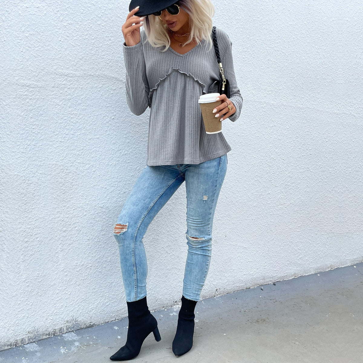 Paneled v-neck Ruffled Waffle Knit Top