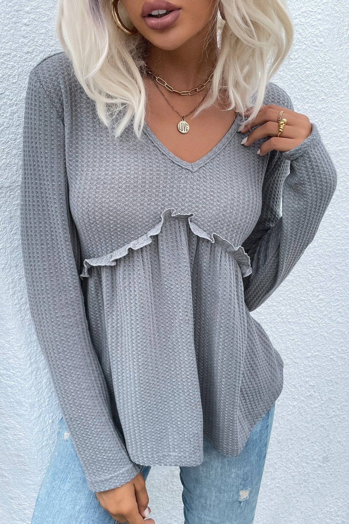 Paneled v-neck Ruffled Waffle Knit Top