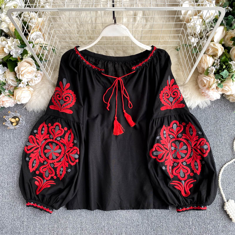 Lace-Up Tassel V-Neck Lantern Sleeve Tops