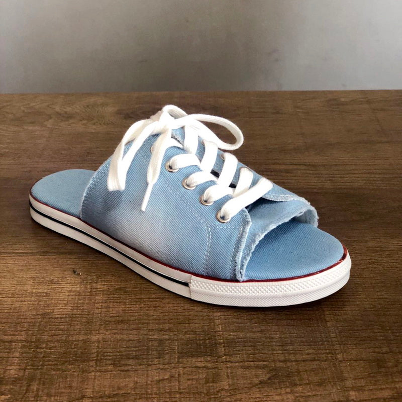 Pantoufles à bout ouvert en toile à lacets