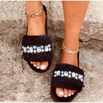 Pantoufles de luxe en peluche et fourrure perlées