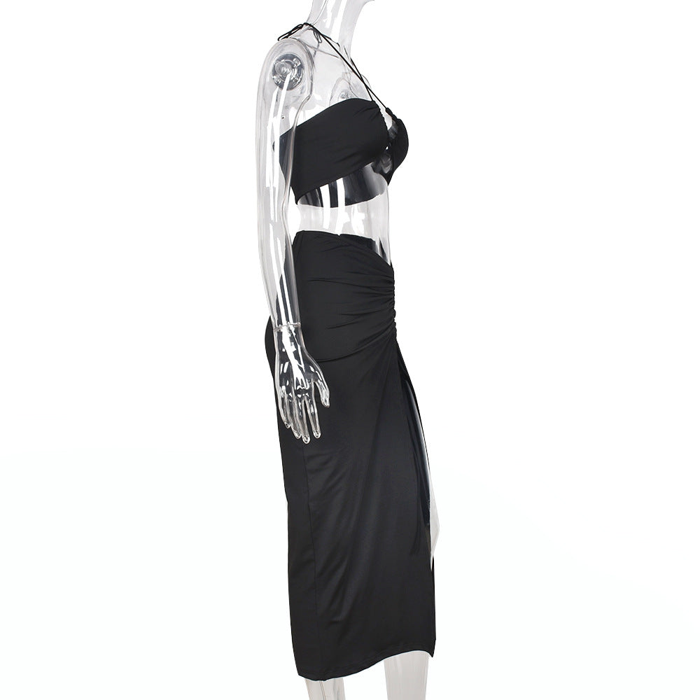 Ensembles haut court dos nu froncé à cordon et jupe mi-longue