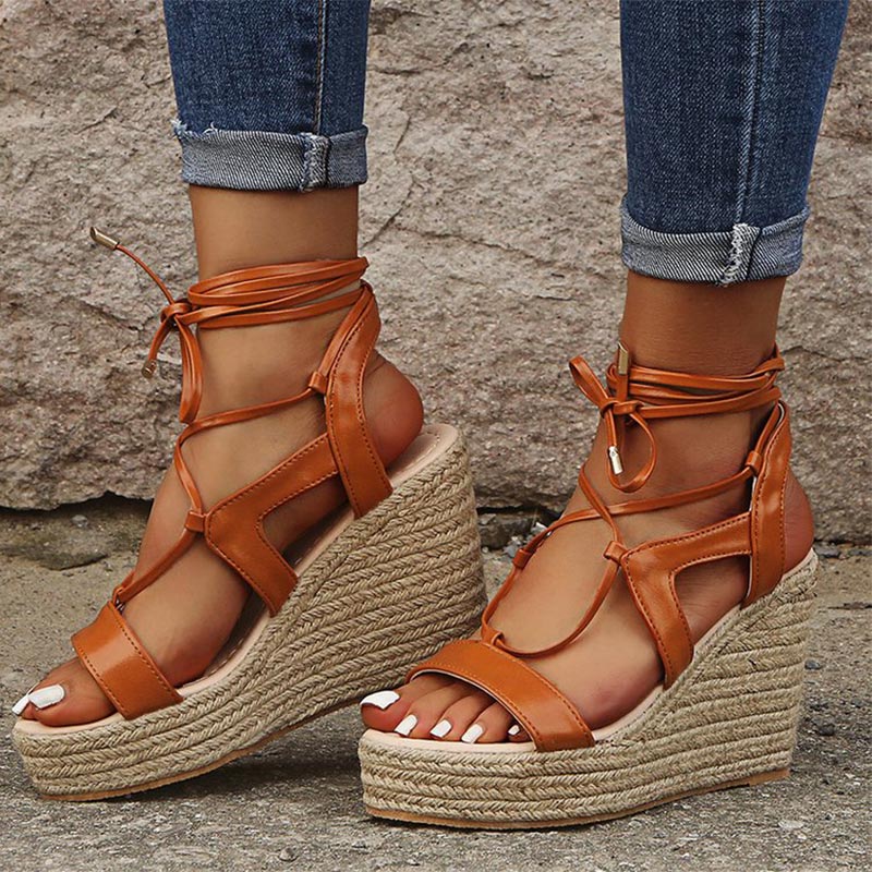 Hemp Wedge Open Toe Ankle Cross-tied Sandals